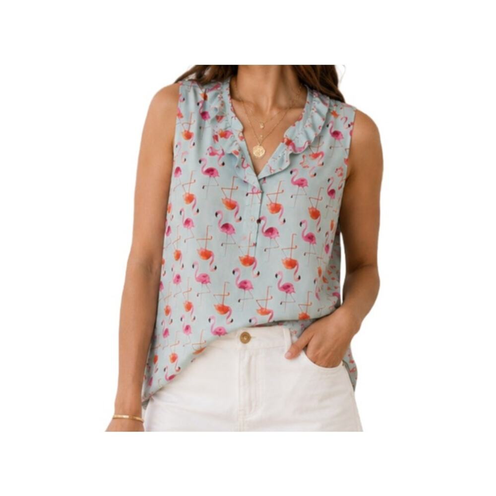Mud Pie Flamingo Print Sleeveless Stretch Top Blue S Summer Coastal Chic Vacay